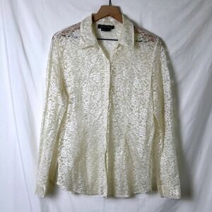 Lana Erica Womens Sheer Lace Button Down Shirt Ivory Size L Sequin Coquette